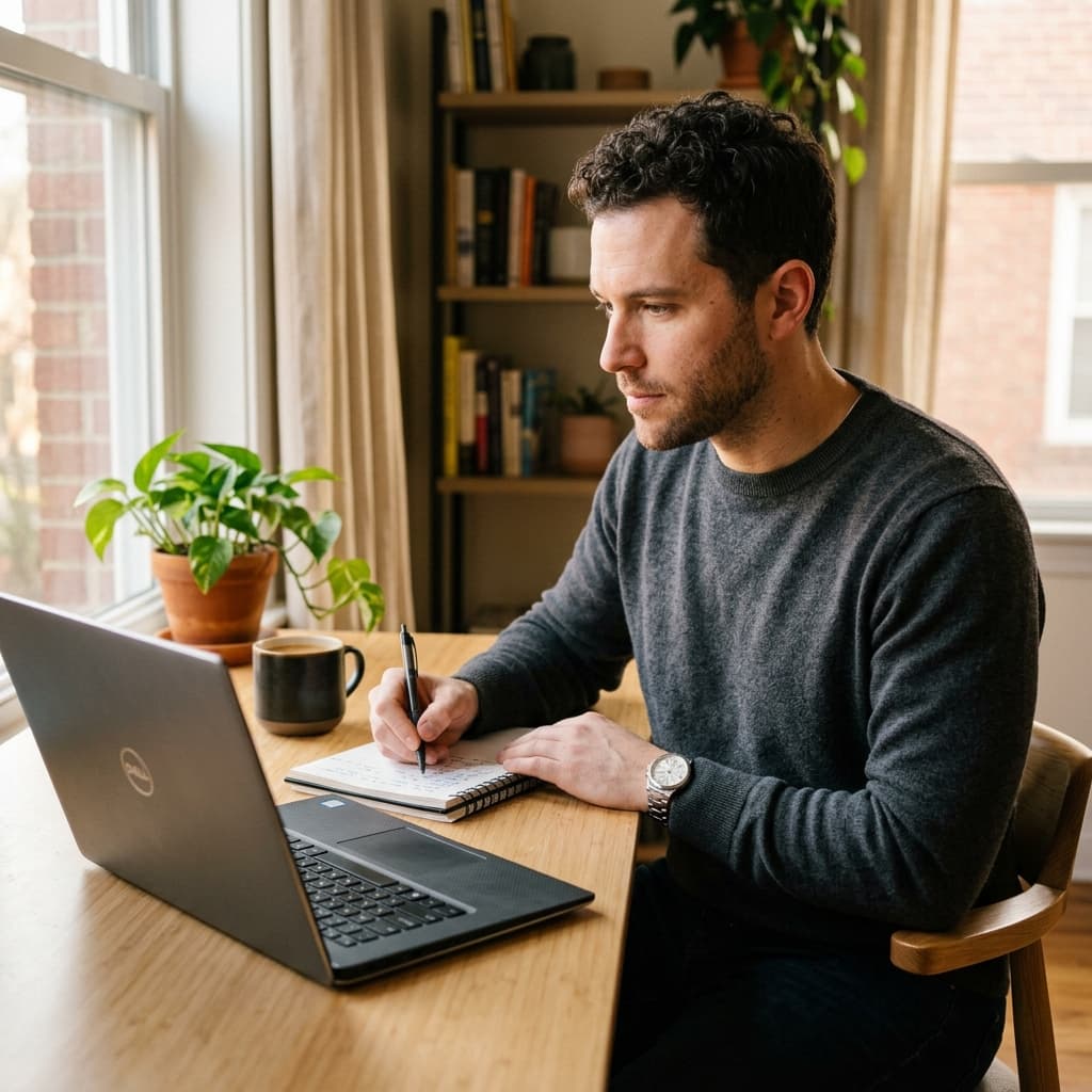 Student taking notes during an online lesson