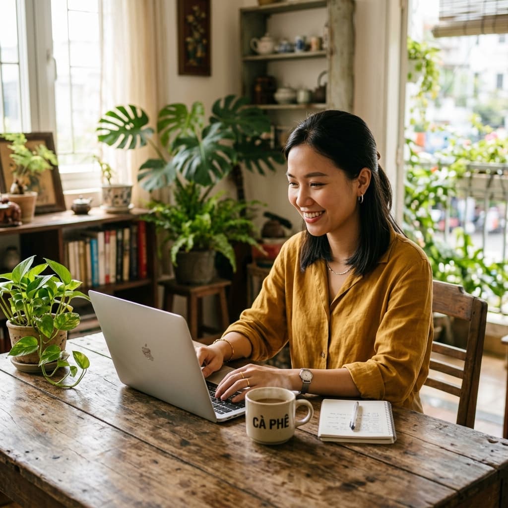Vietnamese tutor smiling during an online lesson